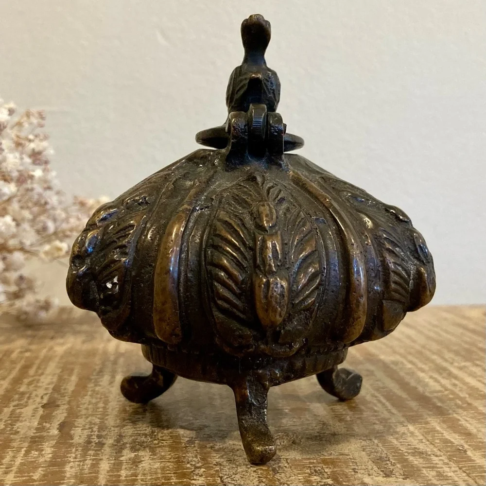 Vintage Ornate Footed Metal Inkwell with Rooster Lid
